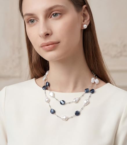 Errally Long Pearl Necklace and Earring Set Layered Pearl Beaded Necklaces for Women White Costume Jewelry Sets Gifts for Mom - color: 14-Navy Blue