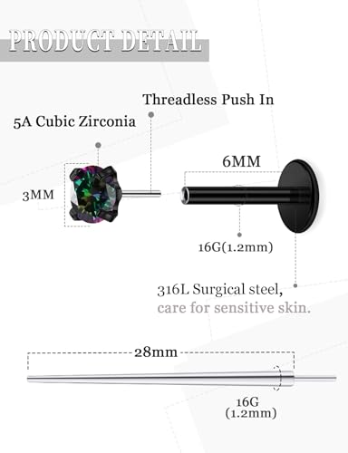 20G 18G 16G Threadless Nose Rings Studs Flat Back Earrings Surgical Stainless Steel CZ Nose Rings Stud Tragus Helix Conch Cartilage Earrings Stud Piercing Jewelry For Women Men Hypoallergenic - color: Black-Rainbow CZ, size: 16 Gauge-6mm Bar-3mm CZ