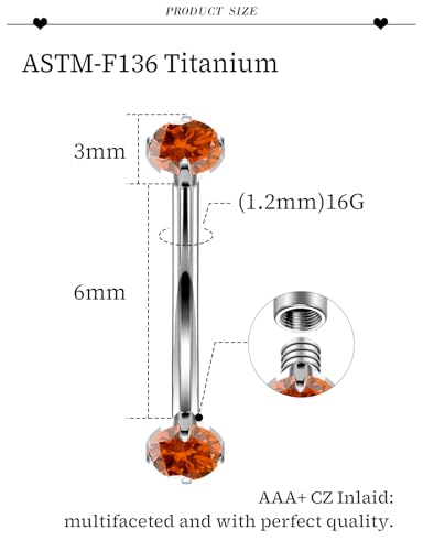 16G Astm F136 Titanium Eyebrow Piercing Jewelry Curved Barbell Eyebrow Ring Vertical Labret Lip Jewelry Daith Rook Earrings Navel Small Belly Button Ring Piercing Jewelry for Women Men CZ - style: 16G, 6MM Length, Orange CZ