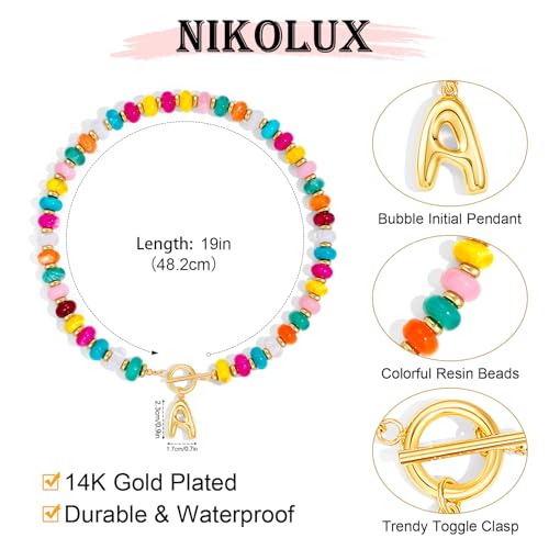 NIKOLUX Colorful Initial Necklaces for Women Chunky Resin Beaded Toggle Necklace 14K Gold Plated A-Z Bubble Letter Pendant Necklace Trendy Summer Beach Handmade Jewelry Gift - color: Colorful-K