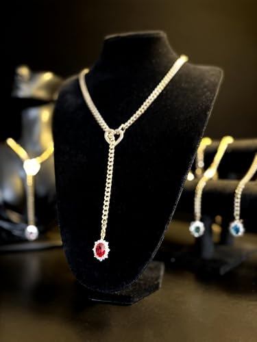 Women's Heart O-Ring Slip Chain Necklace, Double Layered Adjustable 39'' Cuban Chain with Detachable Heart Clasp and Colorful Rhinestone Pendant - color: 25'' Gold-Royal Red