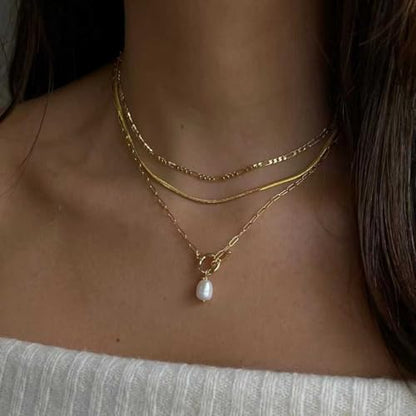 Gold Layered Necklaces for Women, 14K Gold Plated Paperclip Snake Chain Necklace Set, Dainty Coin Cross Tear Pendant Layering Choker Necklaces, Simple Trendy Stackable Jewelry Gifts - color: 3PCS / Pearl Necklace & 2 Chains