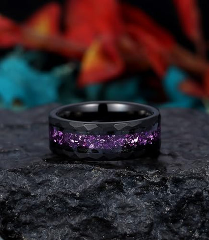8mm Black Tungsten Mens Wedding Band with Moss Agate/Emerald/Citrine | Amethyst/Aquamarine, Gothic, Birthstone, Hammered, Engagement Promise Ring, Anniversary Valentine Day Birthday Gift for Him - style: Amethyst