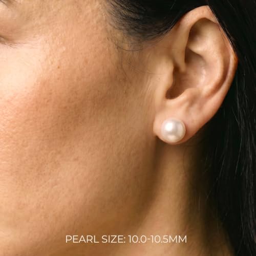 THE PEARL SOURCE Round White Freshwater Real Pearl Earrings in AAAA Quality for Women - 14k White and Yellow Gold Stud Earrings | Hypoallergenic Earrings with Genuine Cultured Pearls, Pearl Gifts for Christmas, Holidays and Anniversary - color: White Gold