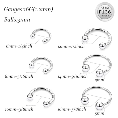 20G 18G 16G 14G 12G Horseshoe Nose Ring Titanium Septum Rings Piercing Jewelry Cartilage Conch Helix Rook Lip Tragus Earring Hoop Eyebrow Retainer For Women Men 6mm 8mm 10mm 12mm 14mm 16mm 19mm - size: Ball: 16G - 12MM