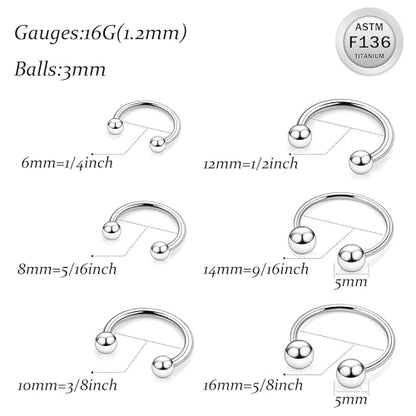 20G 18G 16G 14G 12G Horseshoe Nose Ring Titanium Septum Rings Piercing Jewelry Cartilage Conch Helix Rook Lip Tragus Earring Hoop Eyebrow Retainer For Women Men 6mm 8mm 10mm 12mm 14mm 16mm 19mm - size: Ball: 16G - 12MM