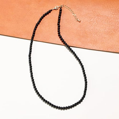 Simple 4mm Gemstones and Crystals Choker Necklace Unisex 16"-18" | Necklaces for Women Men, Adjustable, 40-45 cm Chain Length, Handmade, Spiritual Gemstones, Positive Energy, Daily Wear - style: Black Agate