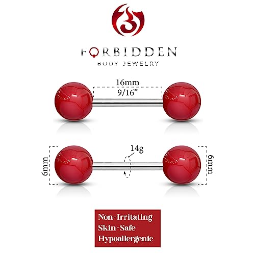 Forbidden Body Jewelry 14 g 16 mm Stainless Steel Nipple or Tongue Ring Barbell Set with Acrylic Balls (Choose Color) - style: Red
