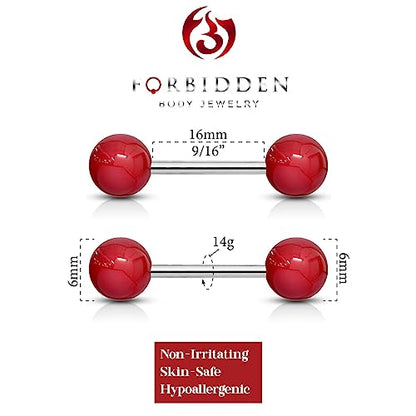 Forbidden Body Jewelry 14 g 16 mm Stainless Steel Nipple or Tongue Ring Barbell Set with Acrylic Balls (Choose Color) - style: Red