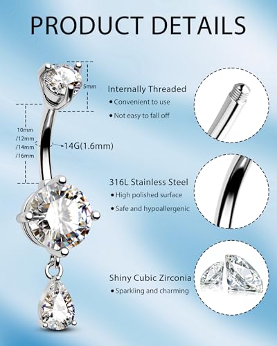Belly Button Ring Dangle Belly Rings 316L Surgical Steel Belly Button Piercing Jewelry Teardrop Navel Ring for Women - color: Silver-CLCZ-16mm