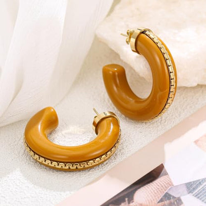 Gold Plated Resin Chunky Hoop Earrings Hypoallergenic Push Back Hoops for Sensitive Ears - color: Caramel