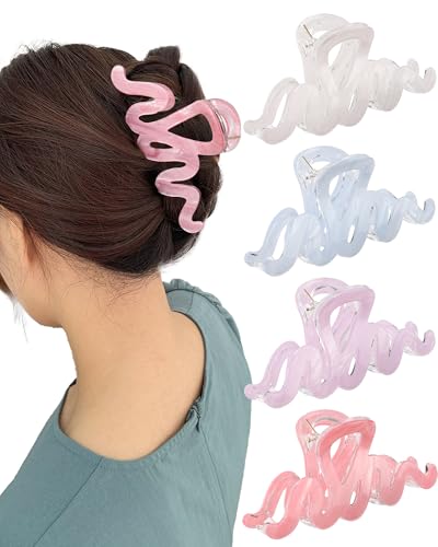 4PCS Large Claw Clips for Thick Hair, Large Acrylic Hair Clips | Modern Marble Geometric Design, Non-Slip Secure Hold for Long Hair, Buns, Updos and Everyday Styling - color: Wave-White + Purple + Pink + Blue