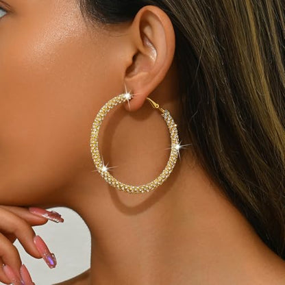 Large Gold Rhinestone Hoop Earrings Silver Sparkly Big Hoop Earrings for Women Black Earring Bling Chunky Silver Hoops 60mm Trendy Statement Earring for Women Bling Hoop for Prom Wedding Party Chunky Jewelry - style: Gold-Plated Hoops 60mm