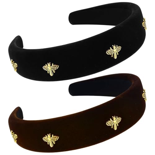 Black Velvet Headband for Women Girls Bee Wide Hairbands Pack Non Slip Thick Headband Set Adult Padded Hair Band Fashion Soft Headbands for Long Short Thin Curly Hair Accessories Christmas Gift - color: C-2Pcs Bee Velvet