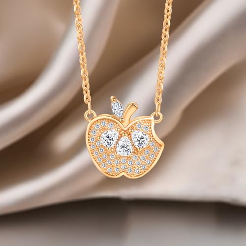 Gold Plated Pendant Necklaces for Women Cubic Zirconia Accent 18 Inch Adjustable Chain Hypoallergenic Gift for Wife Mom Birthday Valentines Day - style: Apple shaped