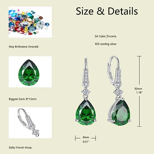 Women 925 Sterling Silver Birthstone Teardrop Leverback Drop Dangle Earrings 8 * 12mm 5A Cubic Zirconia Jewelry for Her - color: May,Emerald Color
