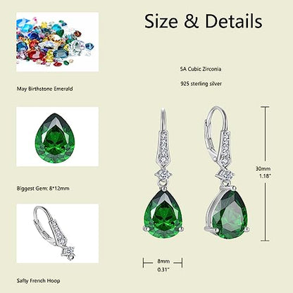 Women 925 Sterling Silver Birthstone Teardrop Leverback Drop Dangle Earrings 8 * 12mm 5A Cubic Zirconia Jewelry for Her - color: May,Emerald Color
