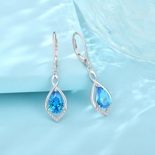 Infinity Teardrop Earrings 925 Sterling Silver Dangle Drop Leverback Earrings Birthstone Jewelry for Women - color: Sea Blue