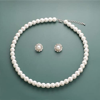 8mm 10mm Faux Pearl Necklace Earrings Set for Women White Black Round Glass Pearl Wedding Jewelry Gifts - color: Flower White Pearl-Ear Clips Set, size: 8mm