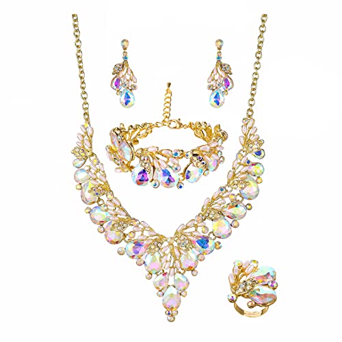 Jewelry Set for Women, Statement Necklace Dangle Earrings Bracelet Ring, White/KC Gold Plated Jewelry Set with Rhinestone Pearl Crystal Wedding Party Jewelry for Bridal Bridesmaid - color: White AB-Gold Plated