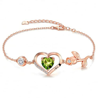 1CT Rose Heart Birthstone Bracelet for Women Love Gift - style: Aug Olive Gold