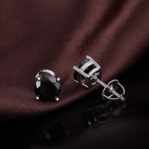 Stud Earrings with Screw Back, 925 Sterling Silver Cubic Zirconia Round Cut/Square Cut Stud Earrings for Women and Men, Long & Thick Post, 4MM-8MM - color: C-Round-Black, size: 8MM