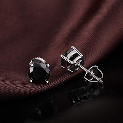 Stud Earrings with Screw Back, 925 Sterling Silver Cubic Zirconia Round Cut/Square Cut Stud Earrings for Women and Men, Long & Thick Post, 4MM-8MM - color: C-Round-Black, size: 8MM