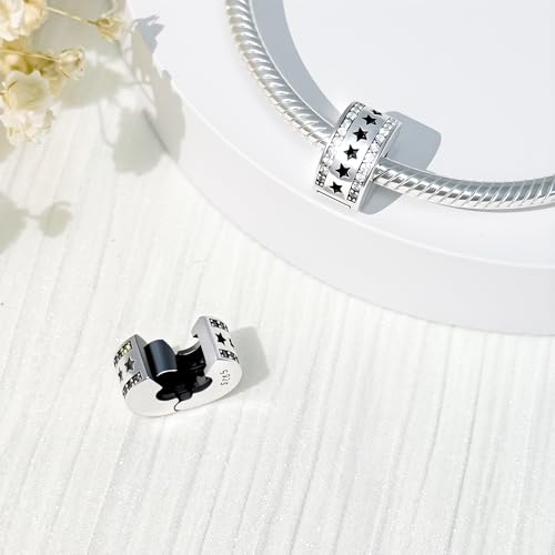 925 Sterling Silver Openable Clip Spacer Bead Fits Pandora Bracelet | Hypoallergenic Clip Stopper Charm, Star Clover Butterfly Floral Mom Heart Paved Zircon Gift for DIY Charm Bracelet Jewelry - color: Cutout Star