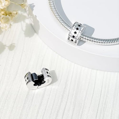 925 Sterling Silver Openable Clip Spacer Bead Fits Pandora Bracelet | Hypoallergenic Clip Stopper Charm, Star Clover Butterfly Floral Mom Heart Paved Zircon Gift for DIY Charm Bracelet Jewelry - color: Cutout Star