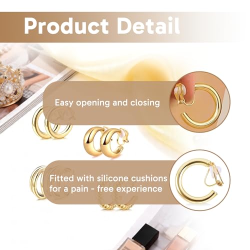 4 Pairs Gold Clip On Earrings, Non-Pierced Lightweight Hoops for Women, Comfortable for Daily & Party Wear
