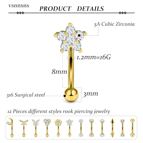 Rook Daith Piercing Jewelry 16G Stainless Surgical Steel Curved Barbell Eyebrow Rings Vertical Labret Lip Piercing Jewelry Rook Daith Earrings for Women Men 6MM 8MM 10MM Hypoallergenic - color: Gold Tone