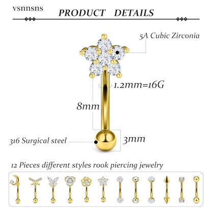 Rook Daith Piercing Jewelry 16G Stainless Surgical Steel Curved Barbell Eyebrow Rings Vertical Labret Lip Piercing Jewelry Rook Daith Earrings for Women Men 6MM 8MM 10MM Hypoallergenic - color: Gold Tone