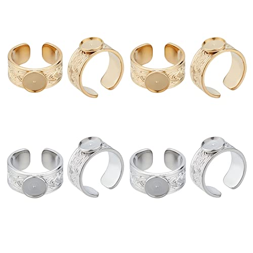 UNICRAFTALE 4Pcs 2 Colors Wide Tray Cuff Ring Settings Size 7 Cabochon Ring Carving Pattern Stainless Steel Blank Rings 8mm Trays Open Finger Rings for Jewelry Making