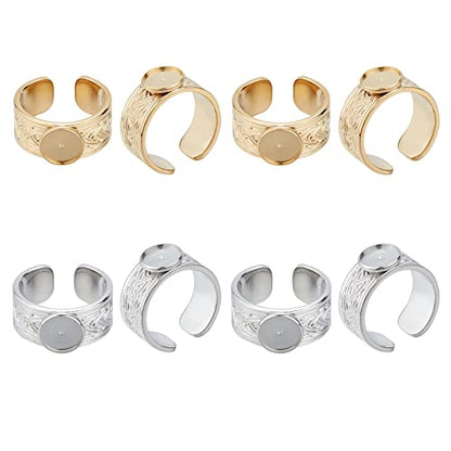 UNICRAFTALE 4Pcs 2 Colors Wide Tray Cuff Ring Settings Size 7 Cabochon Ring Carving Pattern Stainless Steel Blank Rings 8mm Trays Open Finger Rings for Jewelry Making