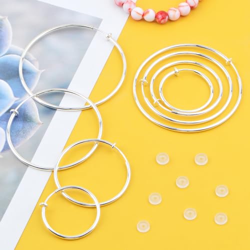 4 Pairs Clip On Hoop Earrings Brass Circle Fake Hoop Spring Earring Clips and 4 Pairs Anti-Pain Earring Pads for Women Non-Pierced Ears, 4 Sizes - color: Silver