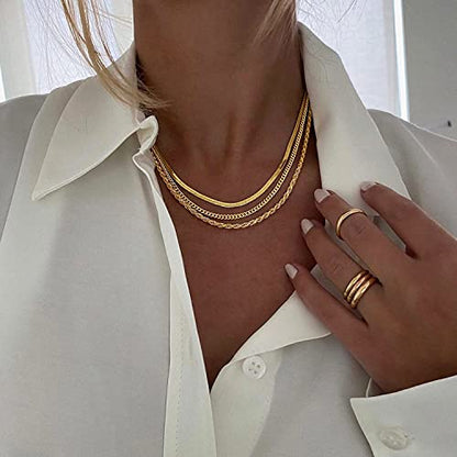 DEARMAY 14K Gold Plated Herringbone Necklaces for Women, Dainty Gold Snake Choker Chain Non Tarnish Trendy Simple Thin & Chunky Options Neckalce 1.5/3/5/6/8mm Chain Jewelry for Gifts - color: 3Pcs Gold Necklace Set (Herringbone+Cuban+Rope)