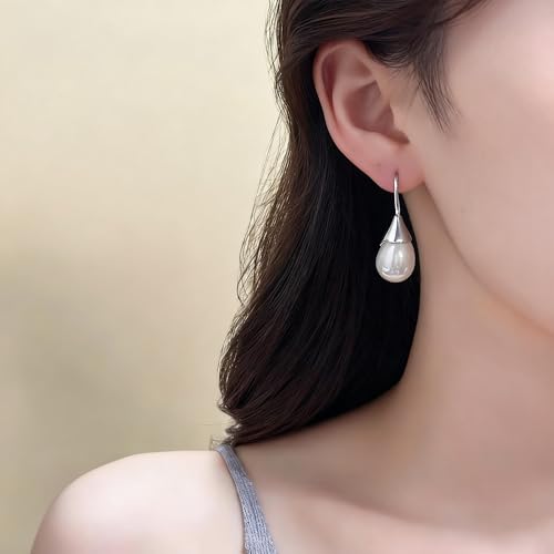 Unique Cream White Pearl Teardrop Drop Dangle Earrings for Women,Trendy Geometric Dangle Formal Hook Earrings for Wedding Prom - color: White Gold-Cream Pearl