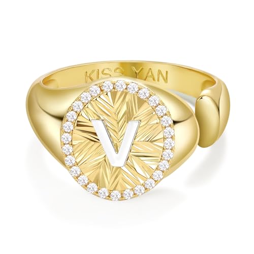 KissYan 14K Gold Plated Initial Ring for Women | Adjustable CZ Halo Letter Signet Ring, Personalized Monogram Statement Jewelry Gift, Tarnish Resistant - style: Letter V