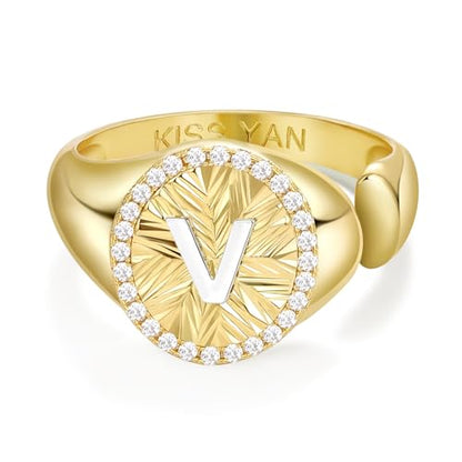 KissYan 14K Gold Plated Initial Ring for Women | Adjustable CZ Halo Letter Signet Ring, Personalized Monogram Statement Jewelry Gift, Tarnish Resistant - style: Letter V