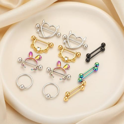 G&O JFU 7 Pairs Nipple Piercing Jewelry 14G Stainless Steel Tongue Rings Nipple Barbells Bunny Nipple Rings for Women Men