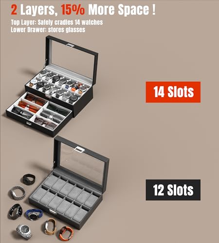 Watch Case Box for Men - 14 Slots Watch Display Organizer with Glass Lid, Double Layer PU Leather Jewelry Storage with Drawer, Gift for Husband Boyfriend Dad, Black - size: 14 Slots, Black