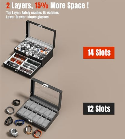 Watch Case Box for Men - 14 Slots Watch Display Organizer with Glass Lid, Double Layer PU Leather Jewelry Storage with Drawer, Gift for Husband Boyfriend Dad, Black - size: 14 Slots, Black