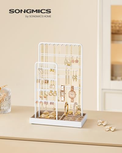 SONGMICS Necklace Holder, Jewelry Stand Holder Organizer, Jewelry Display with Metal Frame, Velvet Tray, Earring Bracelet Holder, for Gift Idea, 5.5 x 9.4 x 14.1 inch, Matte White UJJS028W01 | Necklace Earring Bracelet Holder, for Studs, Rings, Gift Idea,