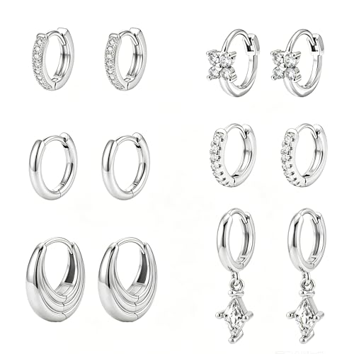 Wgoud 12 Pairs Small 14K Gold Plated Chunky Hoop Earrings for Women Hypoallergenic Lightweight Gold/Silver Hoop Earring Set for Sensitive Ears Trendy Cartilage Huggie Hoops Stacks for Multiple Piercing Jewelry - color: Silver-6 pairs- diamond