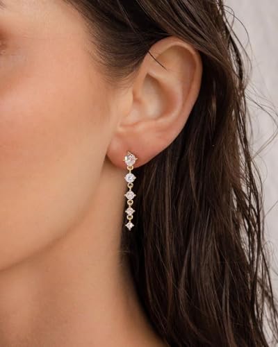 Dangle Earrings for Women - 14K Gold/White Gold/Rose Gold Plated Butterfly Heart Star Hoop Chain Long Tassel Cubic Zirconia CZ Dangle Earrings - color: Thin Line 181