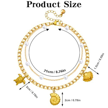 Gold Anklets for Women, Double Layered Chain with Sea Turtle, Seashell, Conch & Pearl Charms, 18K Plated Beach Adjustable Anklets, Summer Ocean Jewelry for Women