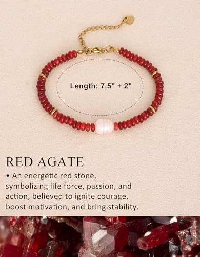 Gemstone Beaded Bracelets with Freshwater Pearl | Crystal Beaded Bracelet Boho Natural Stone Trendy Jewelry Gifts - color: Red