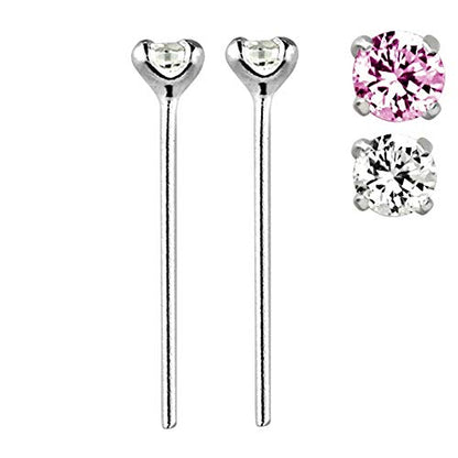 Pierced Owl - 22G Sterling Silver CZ Crystal Gem Prong Set Bendable Nose Stud - color: Clear & Pink - Set of 2