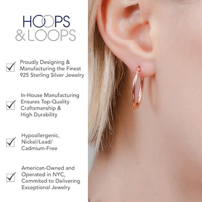 Hoops & Loops 925 Sterling Silver 2mm Oval Click-Top Hoop Earrings for Women, Men 15mm 20mm 25mm 30mm 35mm 40mm, Hypoallergenic Silver, 14k Yellow Gold, Rose Gold Flash Plate, Black - color: Rose Gold, size: 15mm (0.59'')