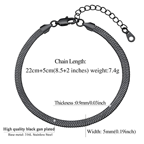 FindChic Elegant Herringbone Snake Chain Anklets/Bracelets 3MM/5MM Width Stainless Steel/18K Gold/Rose Gold Plated/Black 4 Color Options, 8.3'' 8.5'' 10.5'' Length, with Gift Box - color: A: 5mm 8.5'' anklet (Black)